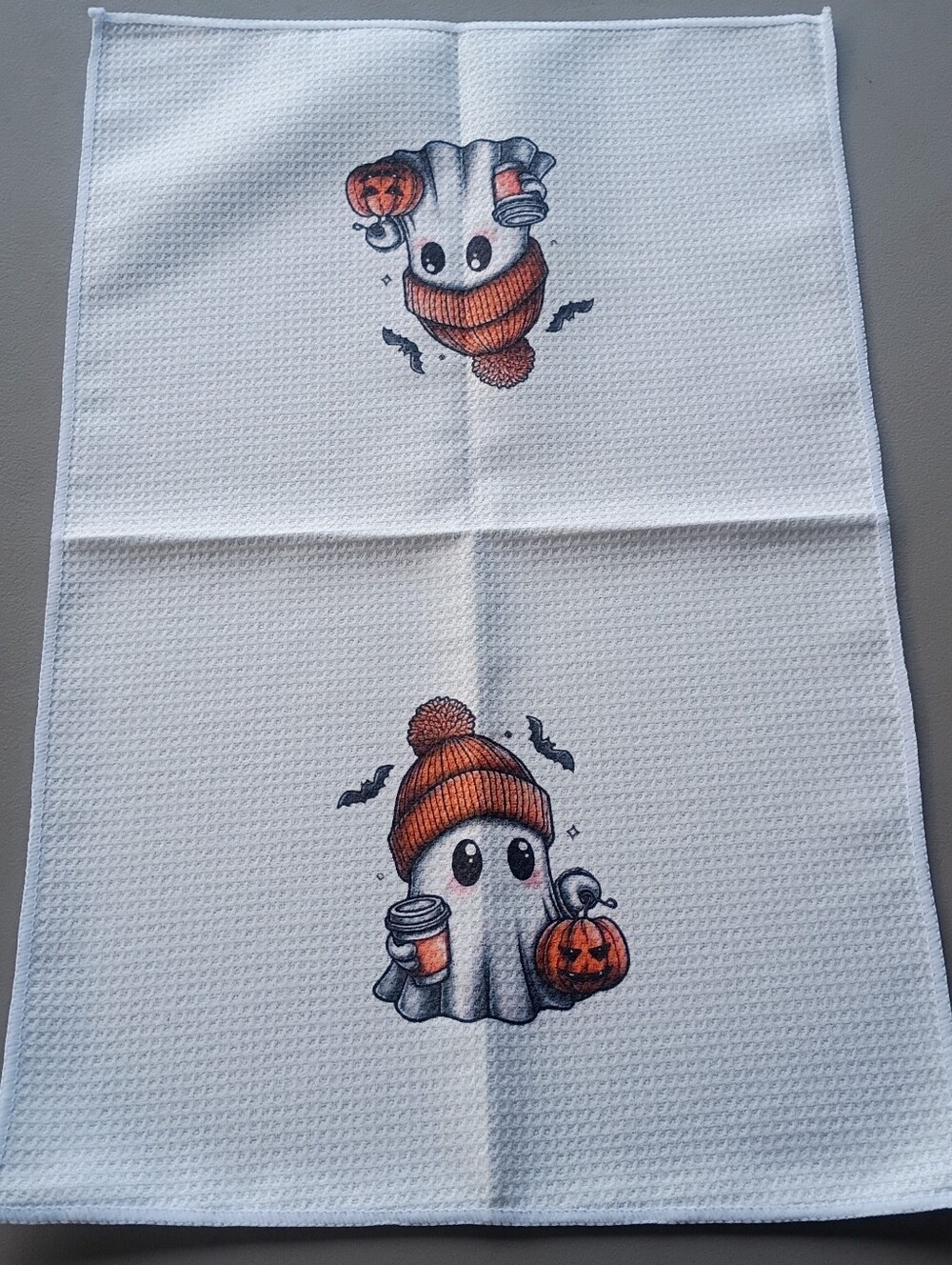 Halloween Ghost Print White Kitchen Towel with Orange Accents